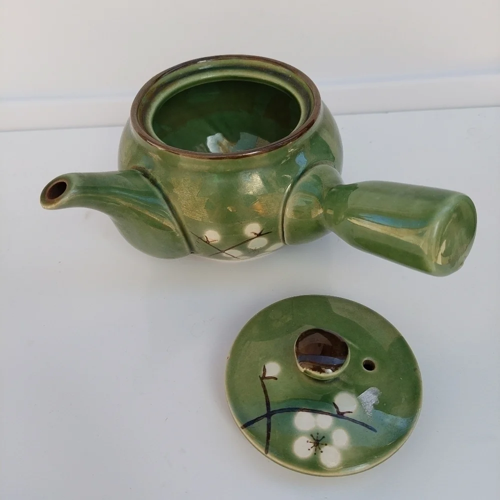 Miso Pottery Asian Japan Green with White Cherry Blossoms Side Spout Tea Pot - Picture 5 of 11